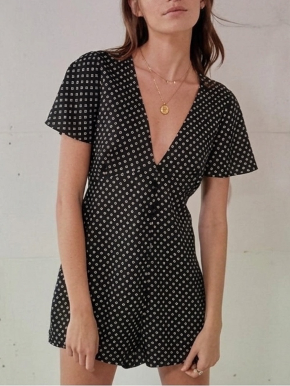 Kimchi Blue Urban Outfitters size M Black Polka Dot V-Neck Mini Dress romper